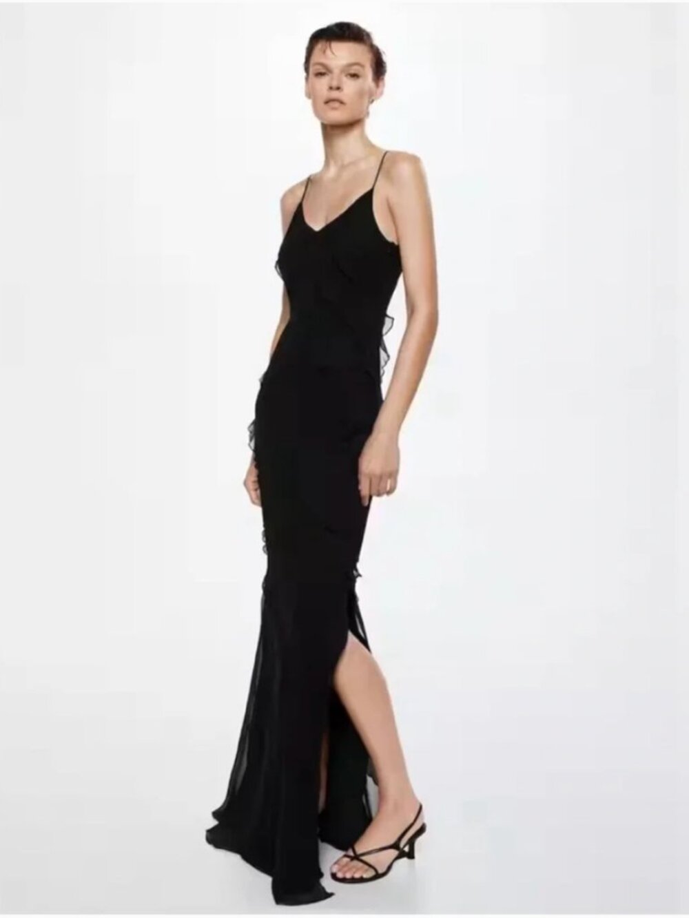 NWT Mango Black Ruffle Maxi Chiffon Dress size 2